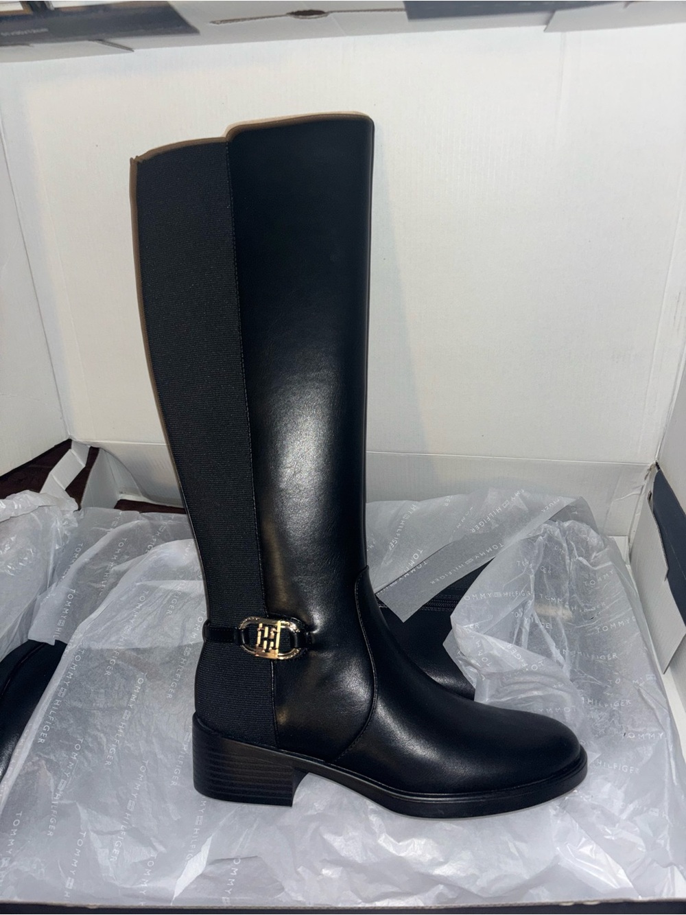 Tommy Hilfiger Black Leather Tall Riding Boots with Gold Logo Buckle